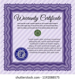 Violet Retro Warranty Certificate template. Complex background. Money Pattern design. Detailed. 