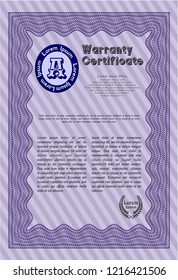 Violet Retro Warranty Certificate template. Modern design. Detailed. With complex linear background. 