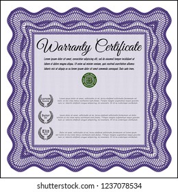 Violet Retro Warranty Certificate template. With quality background. Vector illustration. Excellent design. 