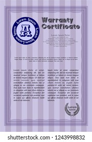 Violet Retro Warranty Certificate template. Money Pattern design. Detailed. With guilloche pattern. 
