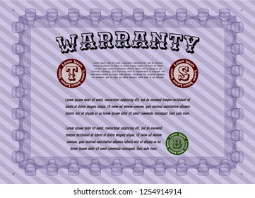 Violet Retro Warranty Certificate template. Beauty design. With great quality guilloche pattern. Vector illustration. 