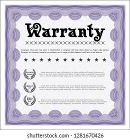 Violet Retro Warranty Certificate template. Superior design. Detailed. With great quality guilloche pattern. 
