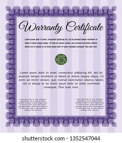 Violet Retro Warranty Certificate template. With guilloche pattern. Retro design. Vector illustration. 