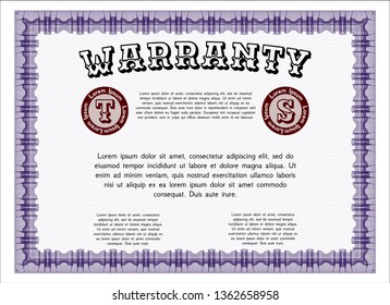 Violet Retro Warranty Certificate template. With complex background. Cordial design. Detailed. 