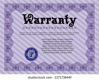 Violet Retro Warranty Certificate template. Money design. Vector illustration. With complex linear background. 