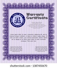 Violet Retro Warranty Certificate template. Lovely design. With guilloche pattern and background. Vector illustration. 