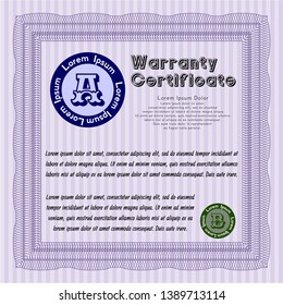 Violet Retro Warranty Certificate template. Money design. With guilloche pattern. Detailed. 