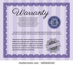 Violet Retro Warranty Certificate template. Modern design. Detailed. With quality background. 