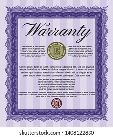 Violet Retro Warranty Certificate template. With complex linear background. Detailed. Modern design. 