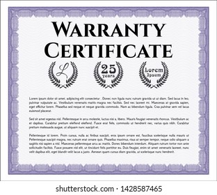 Violet Retro Warranty Certificate template. With great quality guilloche pattern. Vector illustration. Excellent design. 