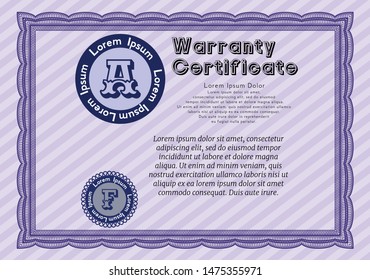 Violet Retro Warranty Certificate template. Sophisticated design. With complex linear background. Vector illustration. 