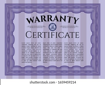 Violet Retro Warranty Certificate template. With guilloche pattern. Customizable, Easy to edit and change colors. Superior design. 