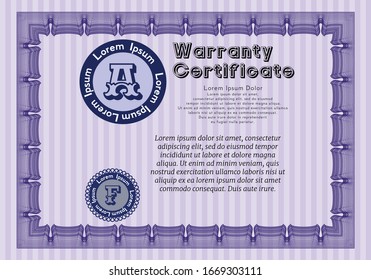 Violet Retro Warranty Certificate template. With linear background. Artistry design. Vector illustration. 