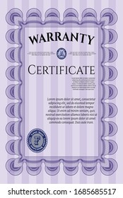 Violet Retro Warranty Certificate template. Excellent design. Customizable, Easy to edit and change colors. With great quality guilloche pattern. 