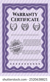 Violet Retro Warranty Certificate template. Cordial design.  Complex background.  Detailed. 