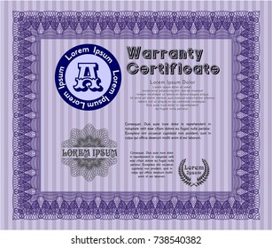 Violet Retro Warranty Certificate template. Detailed. Complex background. Good design. 
