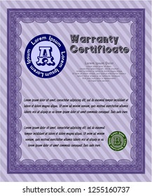 Violet Retro Warranty template. Retro design. With guilloche pattern and background. Vector illustration. 