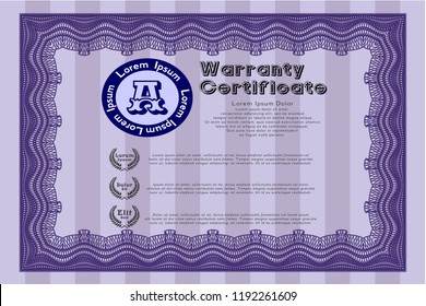 Violet Retro Warranty template. With great quality guilloche pattern. Superior design. Vector illustration. 