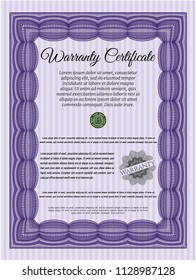 Violet Retro Warranty template. With guilloche pattern and background. Cordial design. Vector illustration. 
