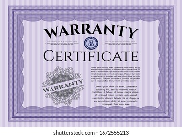 Violet Retro Warranty template. Modern design. Detailed. With great quality guilloche pattern. 
