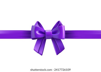 Violet ribbon with bow isolated on white background. Design trmplate. 3d vector illustration
