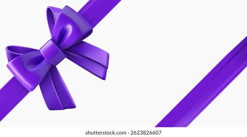 Violet ribbon with a bow on white background. 3d vector clipart
