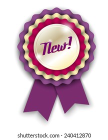 violet ribbon rosette wit text New!, vector illustration, eps 10 with transparency and gradient mesh