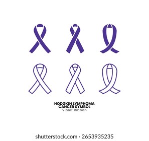 Violet ribbon set symbolizing Hodgkin lymphoma cancer awareness. Flat and outline vector icons perfect for health campaigns, medical posters, oncology support, and charity event designs