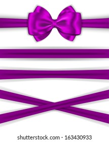 Violet ribbons with luxurious bow for decorating gifts and cards. Vector illustration