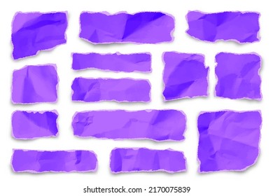 Violet ripped paper strips on white background. Realistic colorful crumpled paper scraps with torn edges. Shreds of notebook pages. Vector illustration