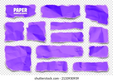Violet ripped paper strips. Realistic colorful crumpled paper scraps with torn edges. Shreds of notebook pages. Vector illustration