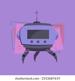 Violet robotic device with antenna cartoon illustration. Gadget, machine, monster. Robotics concept. Vector illustration can be used for topics like robotic science, engineering, machine learning