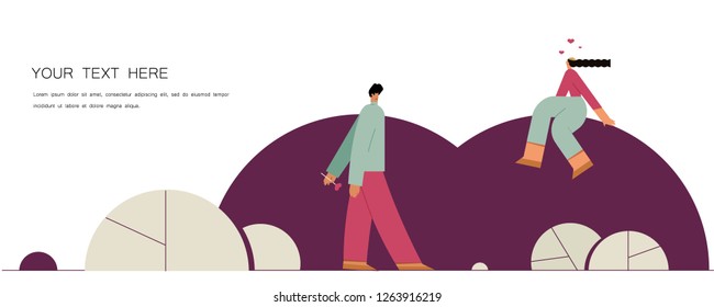  Violet romantic template. Conversation of lovers. Flat design style vector graphic illustration