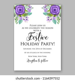 Violet Rose Christmas party invitation flyer poster winter floral vector background bridal shower baby shower christening baptism birthday card anniversary poinsettia fir pine winter holiday wreath