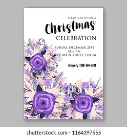 Violet Rose Christmas party invitation flyer poster winter floral vector background bridal shower baby shower christening baptism birthday card anniversary poinsettia fir pine winter holiday wreath