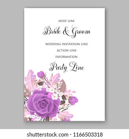 Violet Rose wedding invitation Garden rose fall leaves autumn floral vector background