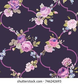 Violet Roses Barocco Flowers Background Violet. Seamless Floral Renaissance Pattern in vector