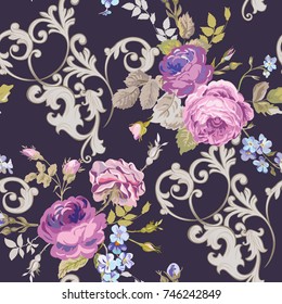 Violet Roses Barocco Flowers Background Violet. Seamless Floral Renaissance Pattern in vector