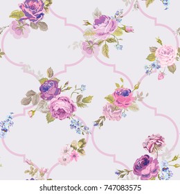 Violet Roses Barocco Flowers Background Violet. Seamless Floral Renaissance Pattern in vector