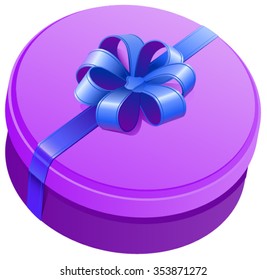 Violet round gift box with ribbon and bow. Isolated illustration in vector format
