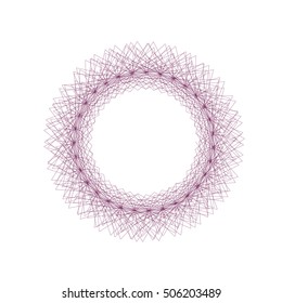 Violet round spirograph in shape as wreath. Festive stylish wreath for wrapping paper, designs, decor, interior, patterns, fabric, Xmas cards and invitations, sacred geometry. Isolated on white.