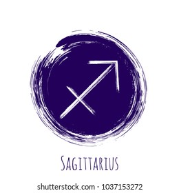 Violet rounfd Sagittarius horoscope icon, hand painted zodiac vector sign. Astrological icon isolated. Sagittarius astrology horoscope symbol clip art on white background.