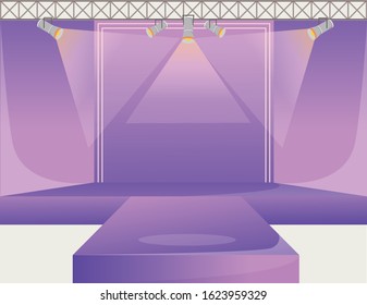 Violet runway platform flat color vector illustration. Empty podium stage. Catwalk with spotlights. Fashion week demonstration area. Presentation of new collection. Fashion shows background