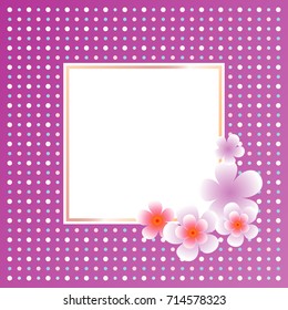 Violet Sakura flowers isolated on bright Purple dotted background. Apple-tree flowers. Square Frame Cherry blossom. Vector EPS 10, cmyk