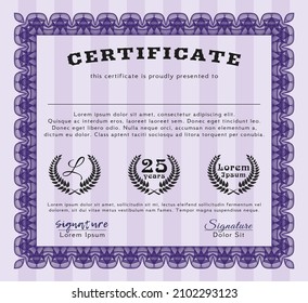 Certificado de ejemplo de Violet.  Diseño artístico.  Con un patrón de guilloche de gran calidad.   