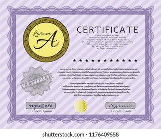 Violet Sample Certificate. With background. Money Pattern design. Vector illustration. 