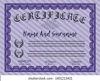 Violet Sample Certificate. Beauty design. Customizable, Easy to edit and change colors. With great quality guilloche pattern. 