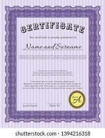 Violet Sample Certificate. With complex linear background. Vector illustration. Modern design. 