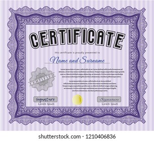 Violet Sample Certificate. Cordial design. Customizable, Easy to edit and change colors. With complex linear background. 