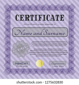 Violet Sample Certificate. Cordial design. With great quality guilloche pattern. Detailed. 